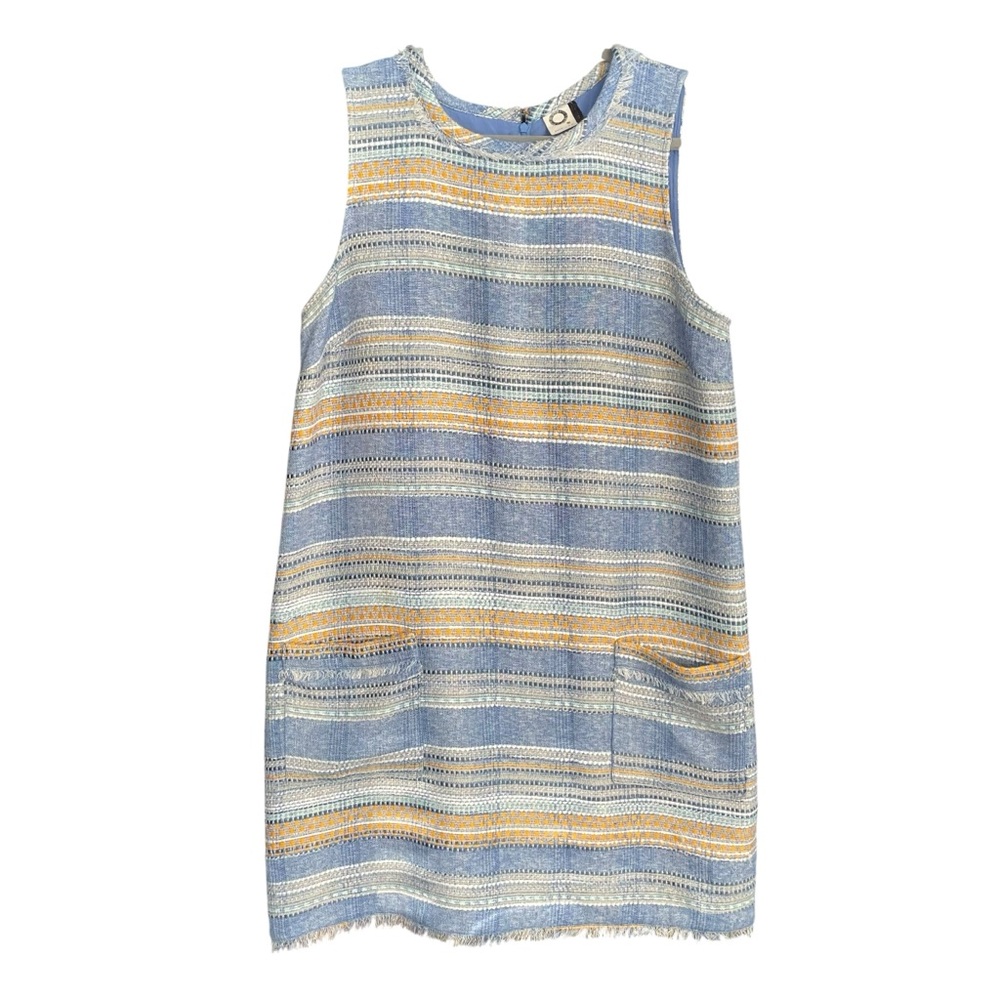 Anthropologie Akemi + Kin Blue Striped Tweed Shift Dress Fringe Resortwear Sz 12